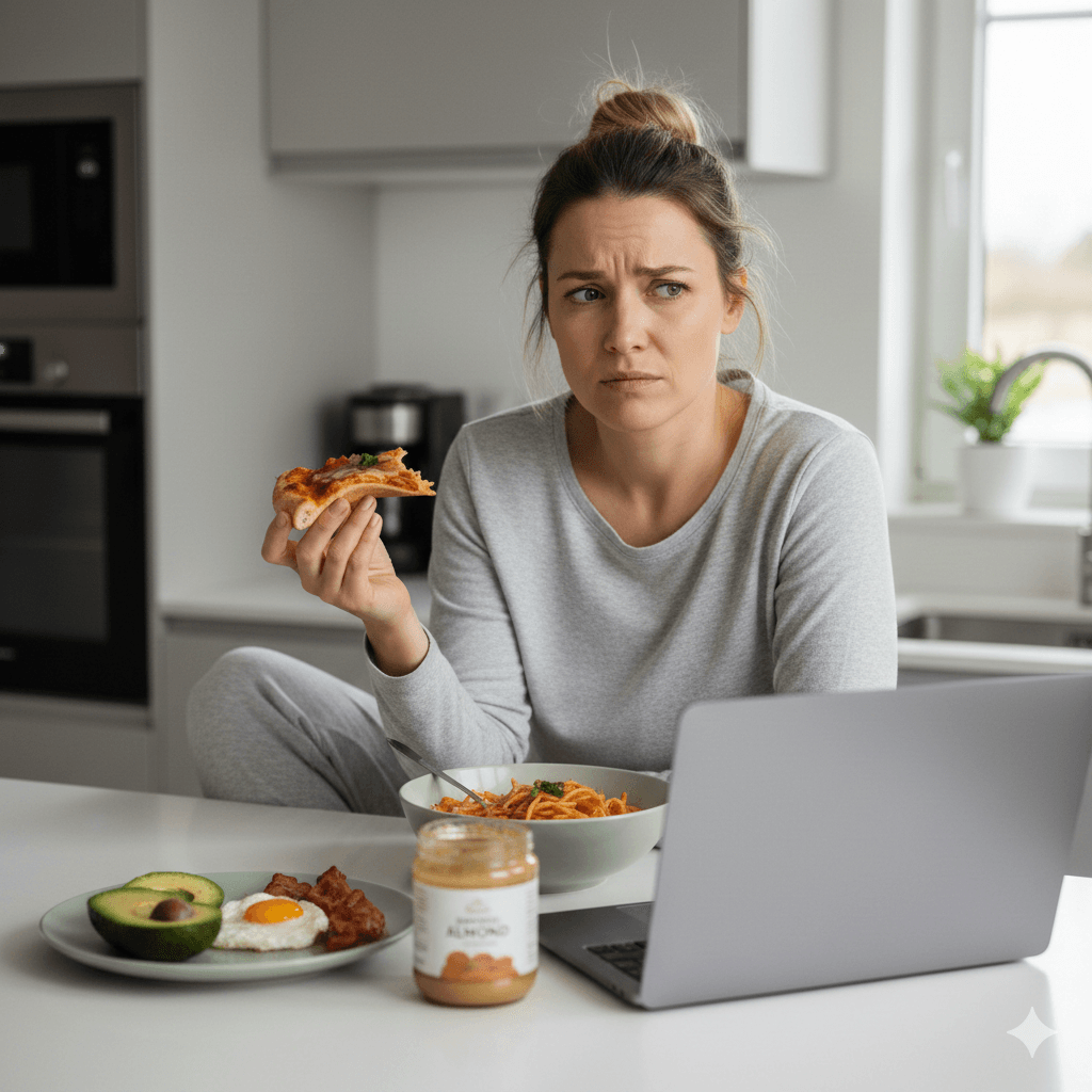 Femme de 35 ans pensive devant une pizza et un plat de pâtes en pleine recherche sur son ordinateur, illustrant l'écart en régime keto
