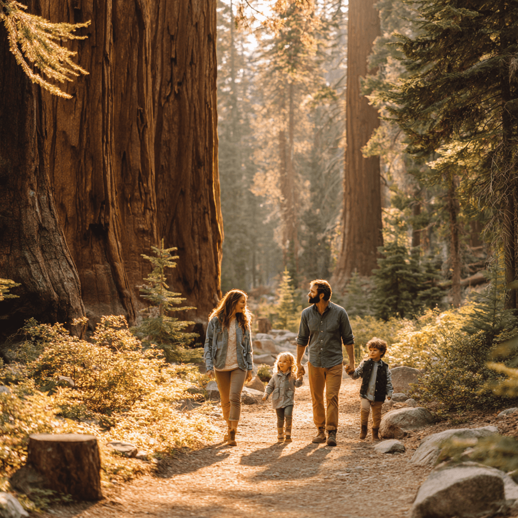 Family of four hiking together in a giant sequoia forest, enjoying nature and quality time freedom outdoors.