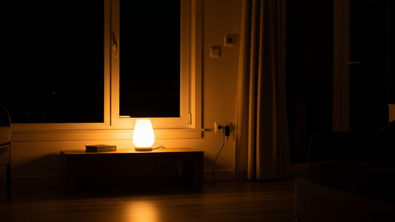 Dimly lit living room at night with a single warm-glowing table lamp on a low wooden bench beside a large window and closed curtains.Dimly lit living room at night with a single warm-glowing table lamp on a low wooden bench beside a large window and closed curtains.Dimly lit living room at night with a single warm-glowing table lamp on a low wooden bench beside a large window and closed curtains.