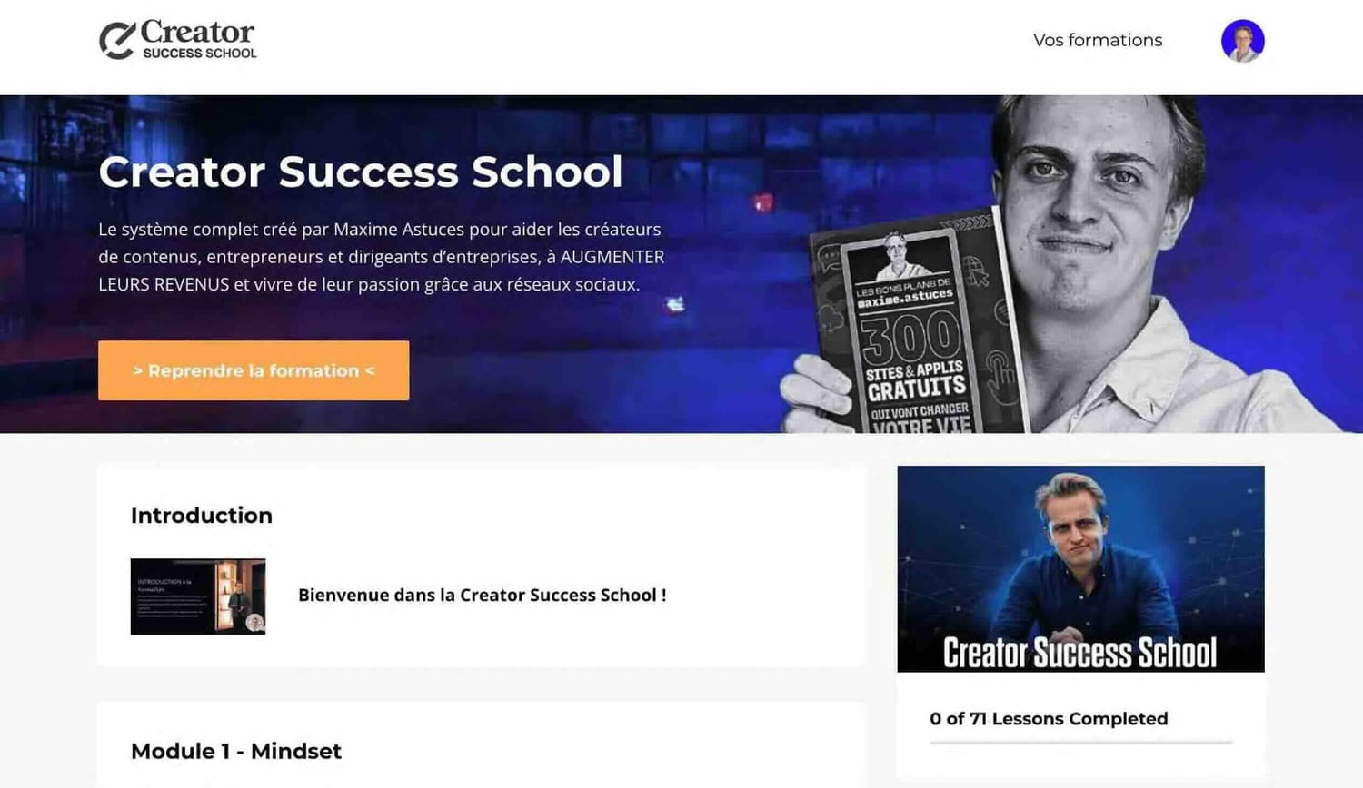 Aperçu de l'espace privé Creator Success School