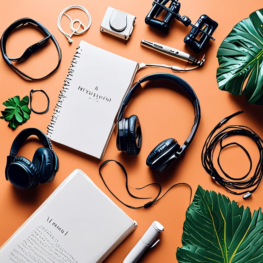 wellness product flatlay, journal, headphones, calm aesthetic