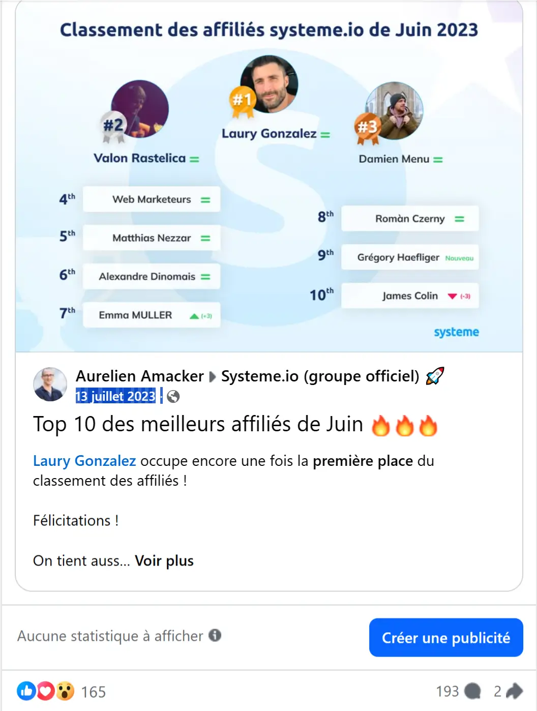 Classement Top 10 des affiliés systeme.io mois de juin 2023