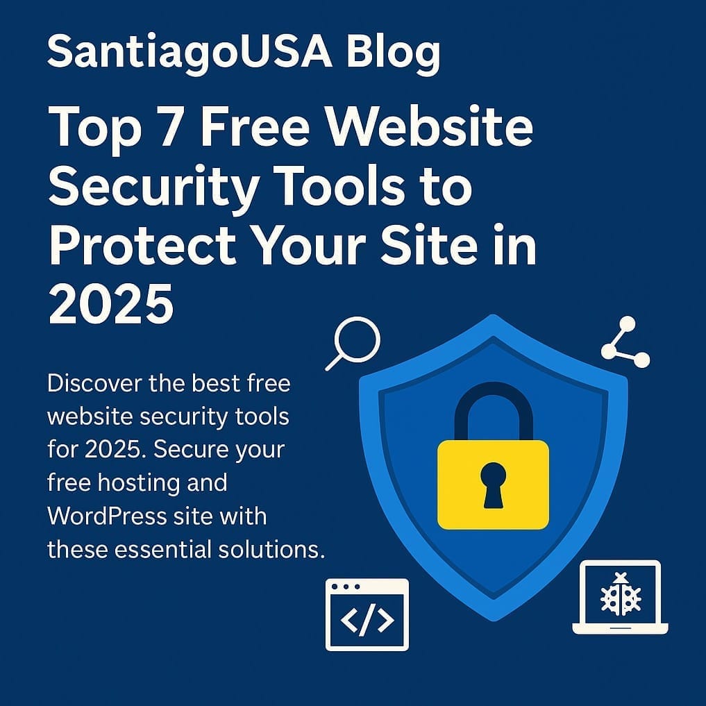 Illustration of cybersecurity tools protecting a website, featuring shields, locks, and code elements — representing free website security solutions for 2025 from SantiagoUSA Blog