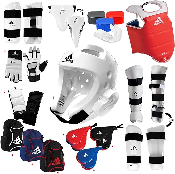 Collage of Taekwondo Adidas Gear in White and Various Colors - 27 Items Total | WarriorGearHQ
