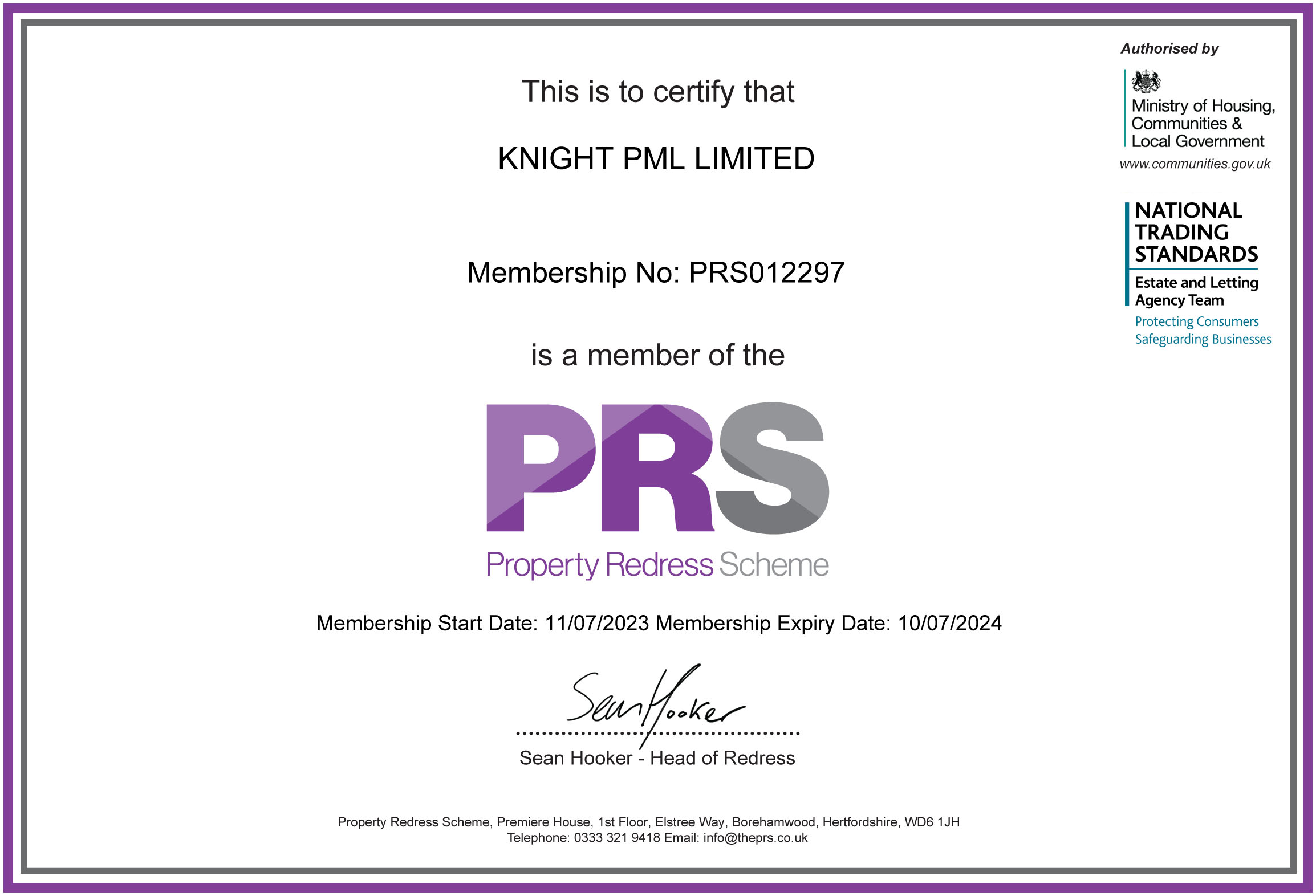 Client Money Protection Certificate for Knight Property Management