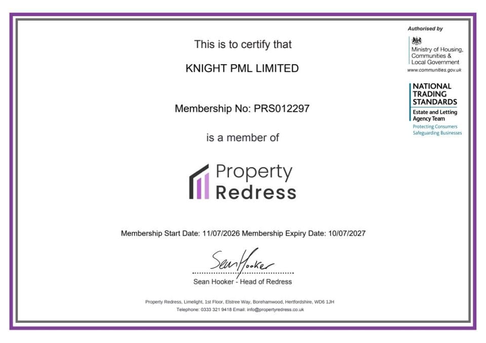 Client Money Protection Certificate for Knight Property Management