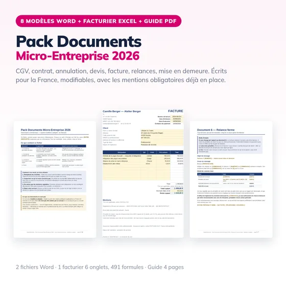 Aperçu — Pack Documents Micro-Entreprise 2026