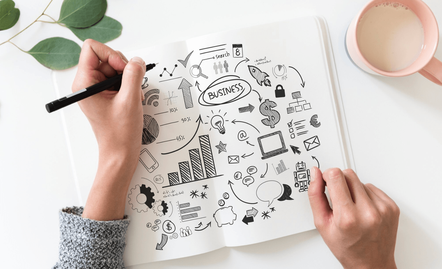 "Carnet avec des schémas autour du mot business"