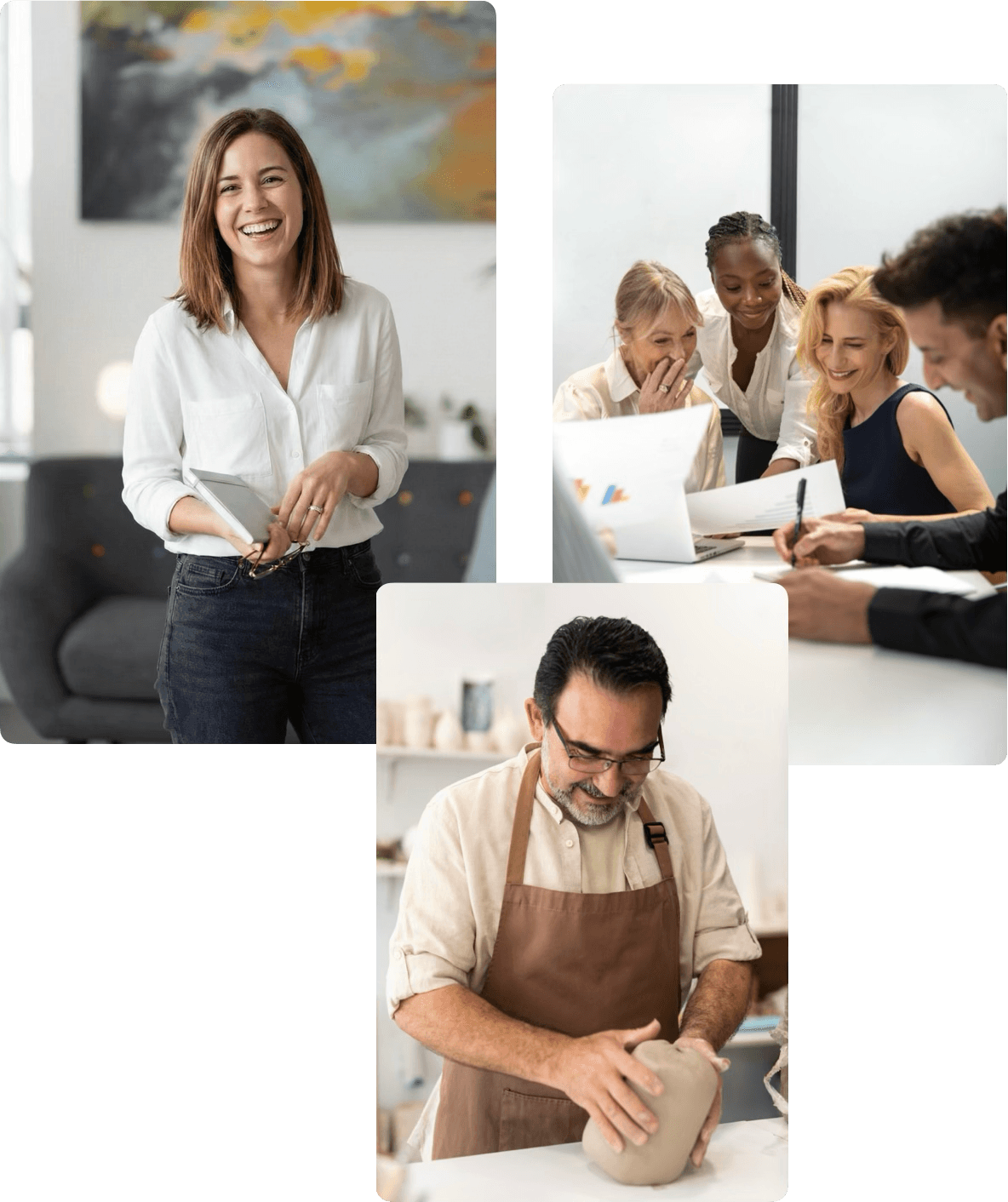 alt="Collage de trois photos montrant la diversité professionnelle des indépendants : une femme coach souriante avec une tablette, une équipe associative collaborant joyeusement autour d'un ordinateur, et un artisan potier travaillant l'argile"