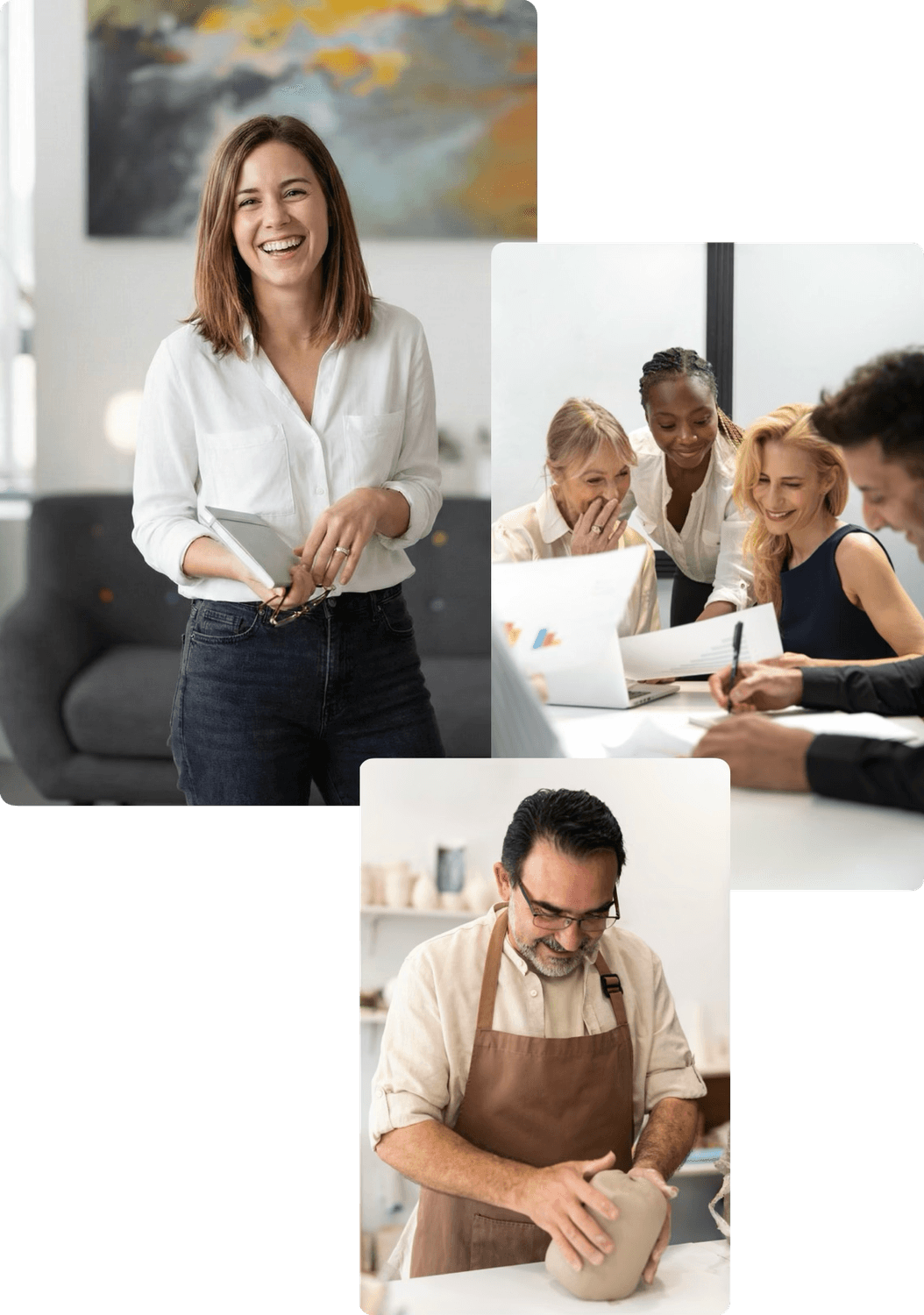 alt="Collage de trois photos montrant la diversité des parcours entrepreneuriaux : une freelance souriante avec une tablette, une équipe associative collaborant joyeusement autour d'un ordinateur, et un artisan potier travaillant l'argile"