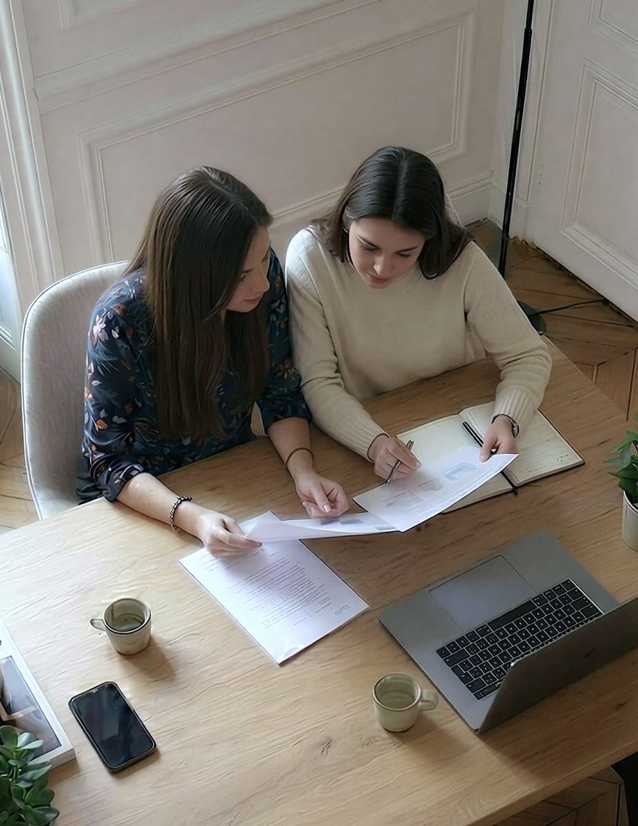 alt="Vue de dessus de Sarah Zaks, en écoute active, et une cliente assises côte à côte autour d'un grand bureau en bois avec un ordinateur portable et deux tasses de café, regardant attentivement des documents"