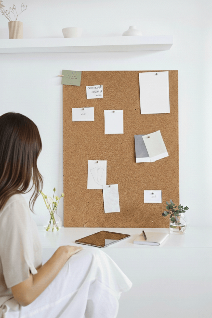 alt="L'entrepreneuse Sarah Zaks, de dos, assise à un bureau blanc épuré, regardant un tableau en liège où sont épinglées plusieurs notes et photos"