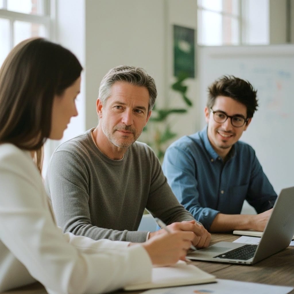 alt="Deux hommes assis à un bureau écoutent avec attention une interlocutrice vue de dos, un ordinateur portable ouvert devant eux"
