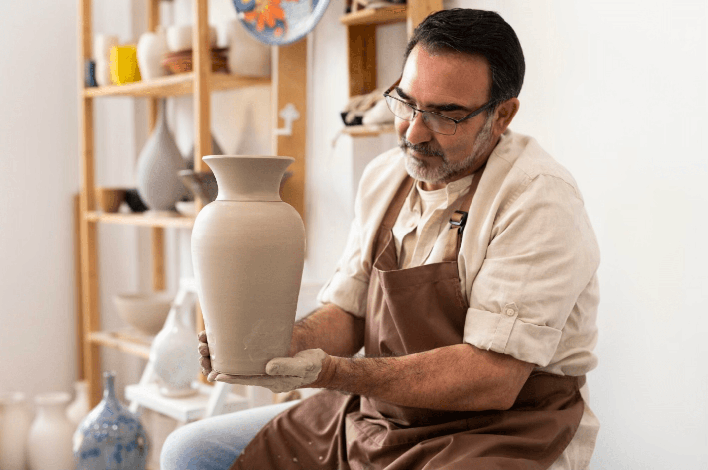 alt="Un artisan potier tient avec soin un grand vase en argile fraîchement modelé dans son atelier, sa concentration sur sa création illustre le savoir-faire manuel et la passion du métier"