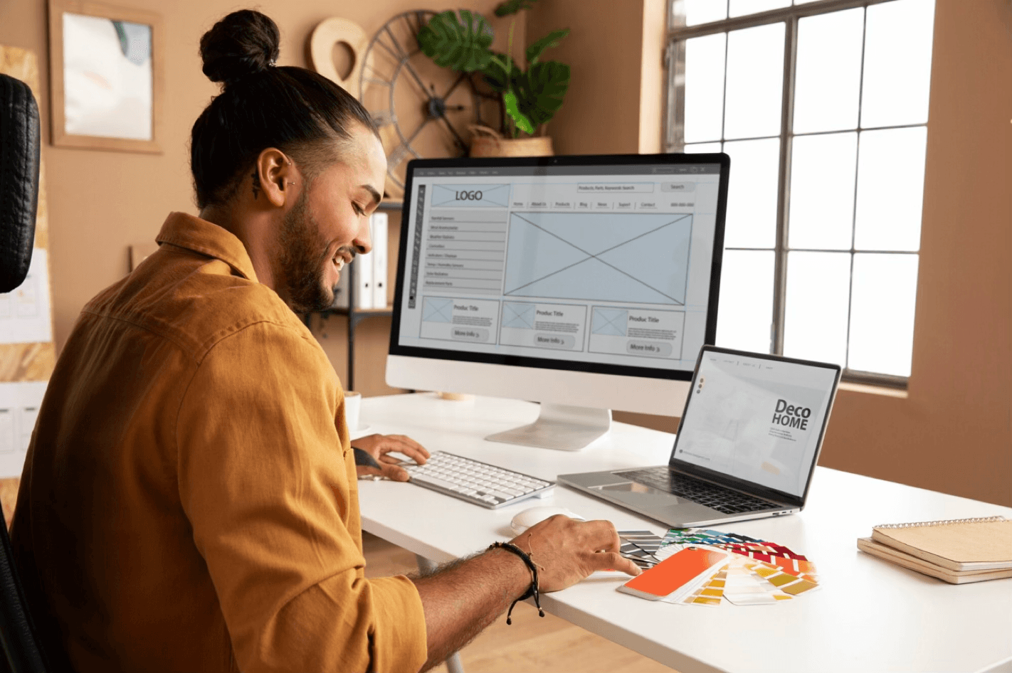 alt="Un freelance souriant travaillant à son bureau sur deux écrans d'ordinateur, consultant un nuancier de couleurs pour la maquette de son site web"