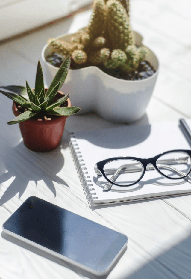 alt="L'entrepreneuse Sarah Zaks, de dos, assise à un bureau blanc épuré, regardant un tableau en liège où sont épinglées plusieurs notes et photos"