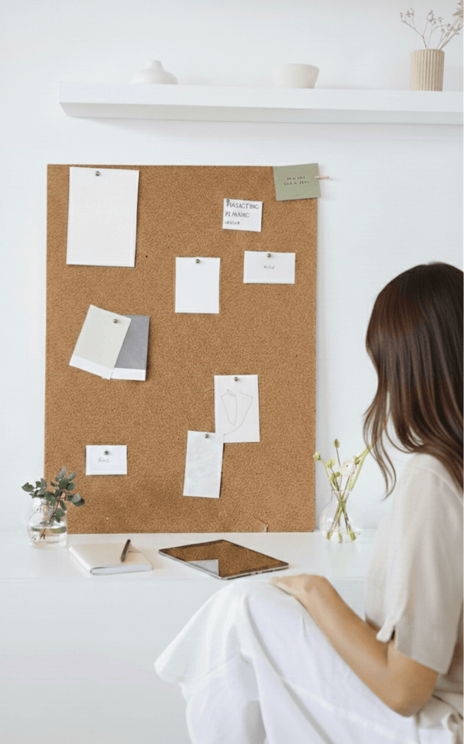 alt="Vue de dos de Sarah ZAKS, fondatrice de Hello Entrepreneur, assise à un bureau blanc épuré, qui regarde un tableau en liège où sont épinglées plusieurs notes et photos"