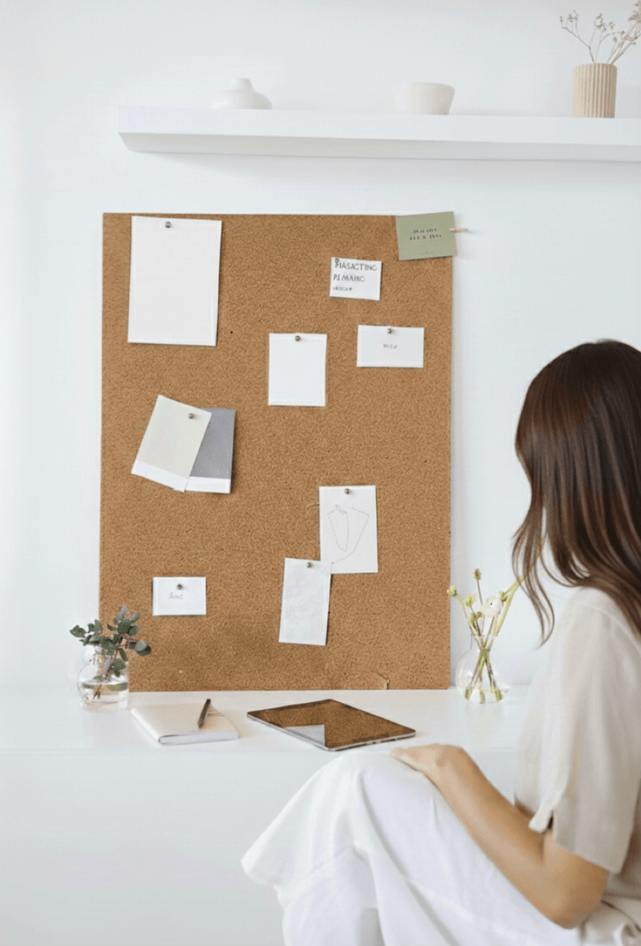 alt="Vue de dos de Sarah ZAKS, fondatrice de Hello Entrepreneur, assise à un bureau blanc épuré, qui regarde un tableau en liège où sont épinglées plusieurs notes et photos"