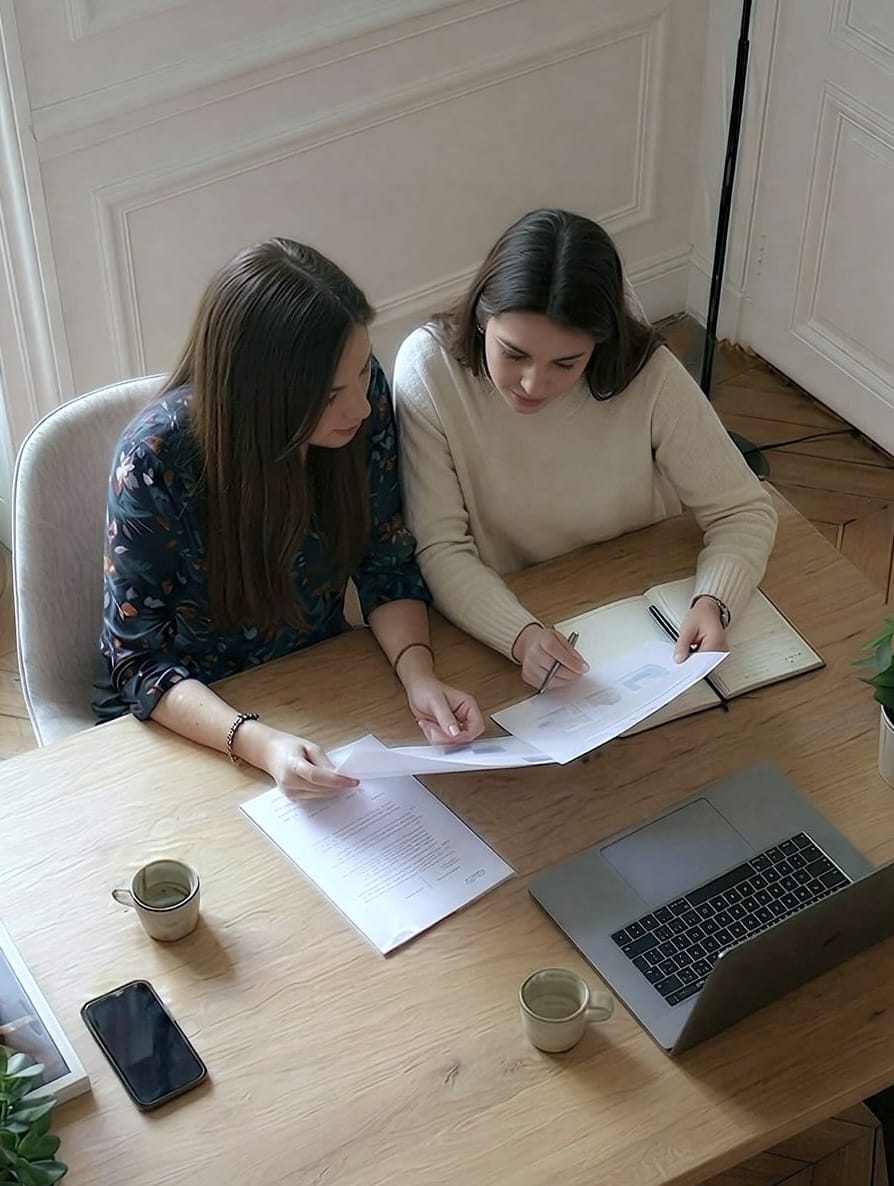 alt="Vue de dessus de Sarah Zaks, en écoute active, et une cliente assises côte à côte autour d'un grand bureau en bois avec un ordinateur portable et deux tasses de café, regardant attentivement des documents"