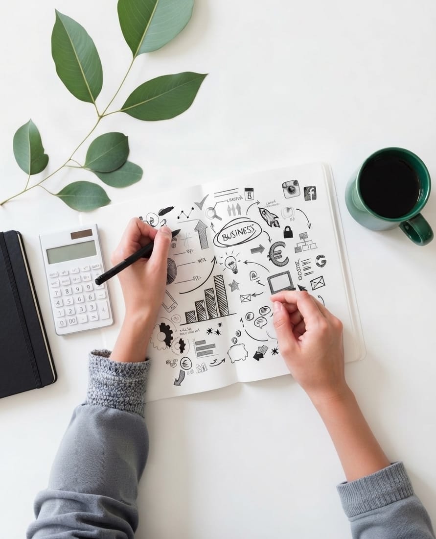 alt="Carnet de notes posé sur une table avec un croquis représentant un parcours simplifié de recherche de solutions et une loupe, à côté d'un stylo et d'une tasse de café"