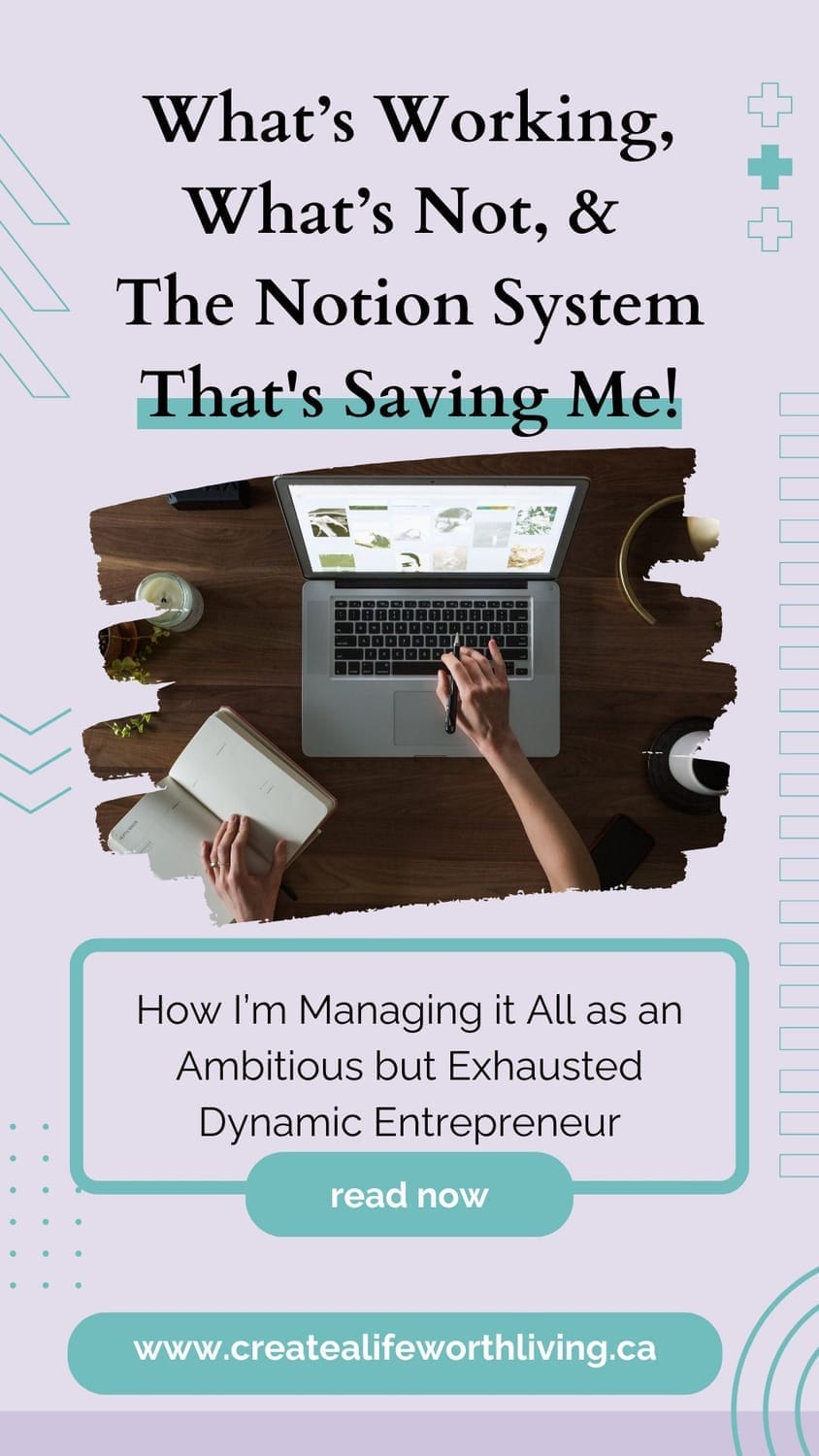 Pinterest graphic with the title "What’s Working, What’s Not, & The Notion System That's Saving Me!" www.createalifeworthliving.ca