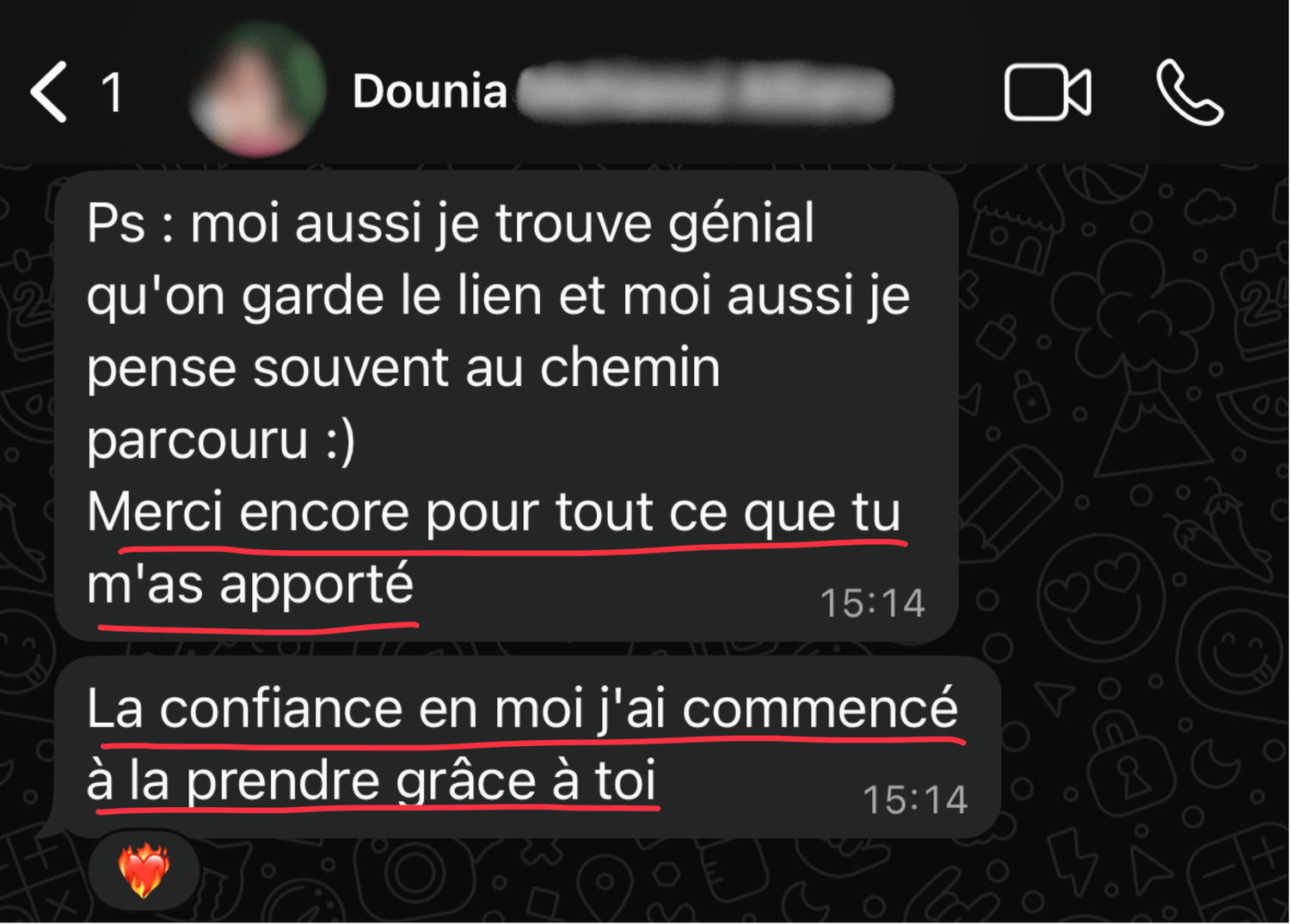 Message WhatsApp d'une participante : « La confiance en moi, j'ai commencé à la prendre grâce à toi »