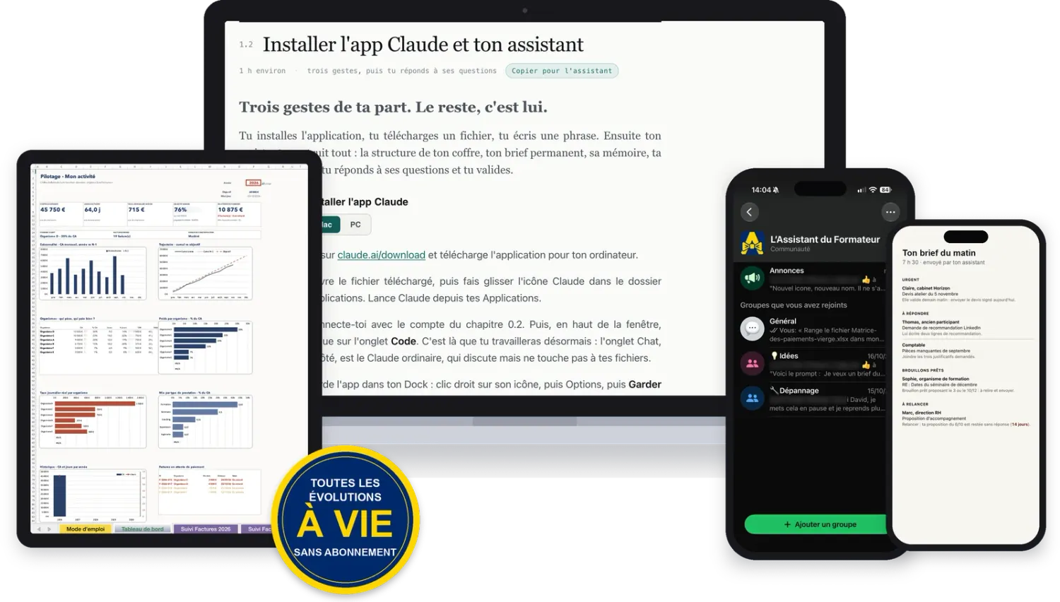 Tout ce que tu reçois : le parcours, la matrice, la communauté, le brief du matin et les évolutions à vie