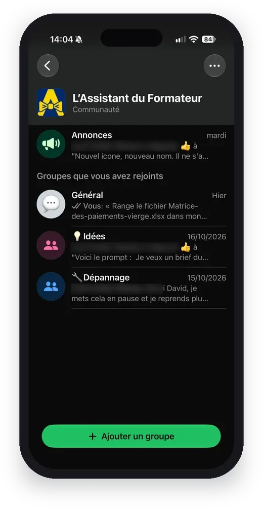 La communauté WhatsApp de l'Assistant du formateur sur un téléphone
