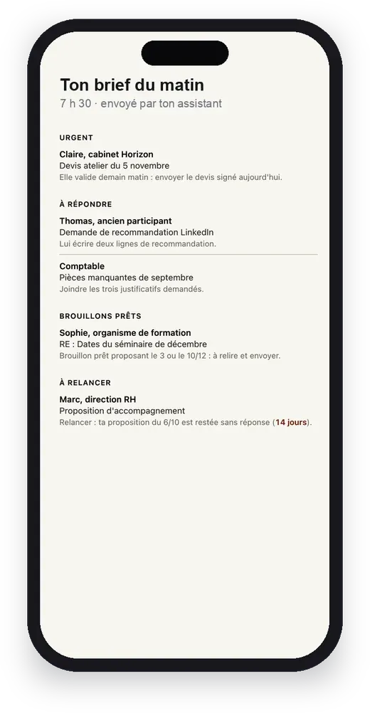 Le brief du matin envoyé par l'assistant, sur un téléphone