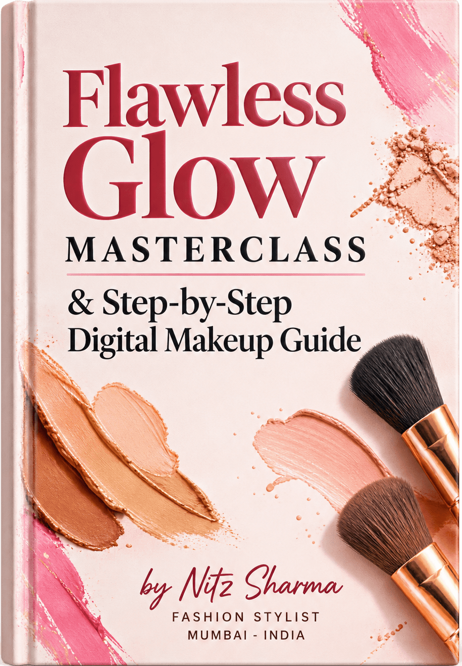 The Flawless Glow Masterclass and Step-by-Step Digital Makeup Guide by Nitz Sharma, with brushes and a compact