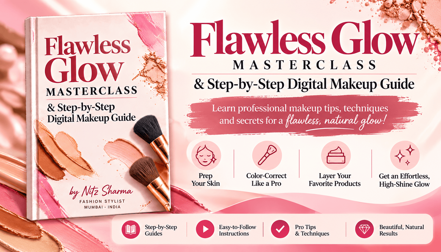 The Flawless Glow PDF guide open on a laptop, tablet and phone