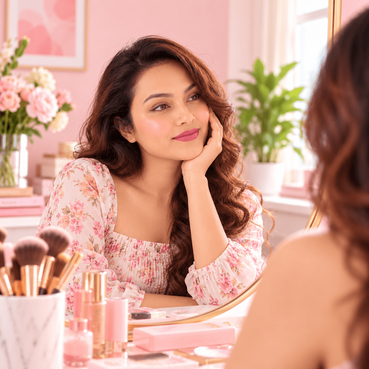 A woman catching her reflection in a cafe mirror after lunch, her skin still smooth and glowing