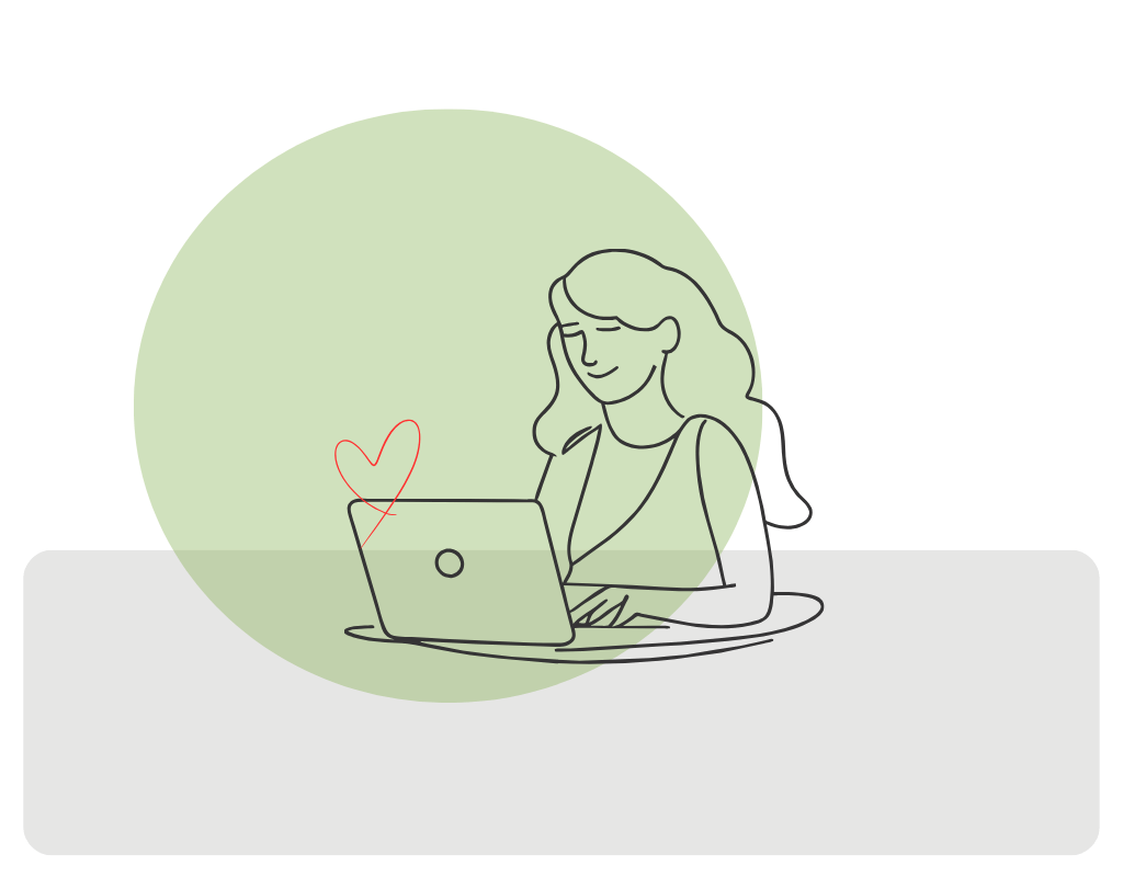 Minimalist illustration of a woman working on a laptop with a heart icon, representing friendly and personalized virtual assistant services