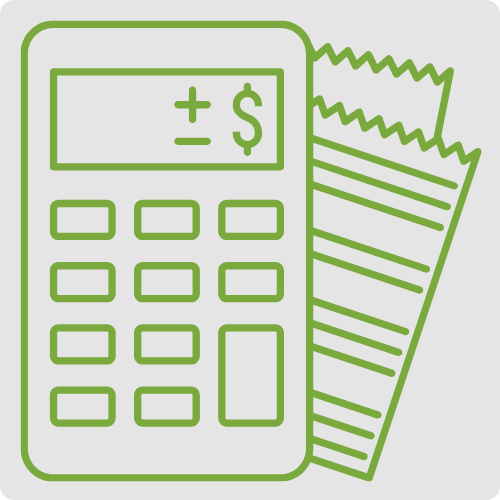 Green line icon of a calculator and receipts representing small business bookkeeping services