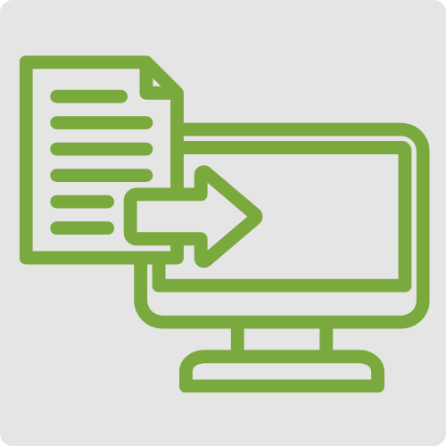 Green line icon of a computer monitor with document upload symbol representing virtual data entry services