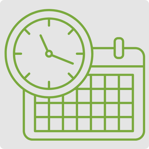 Green line icon of a clock and calendar representing virtual scheduling and calendar management