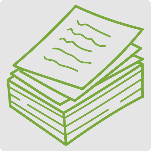 Green line icon of stacked papers representing professional document preparation and formatting
