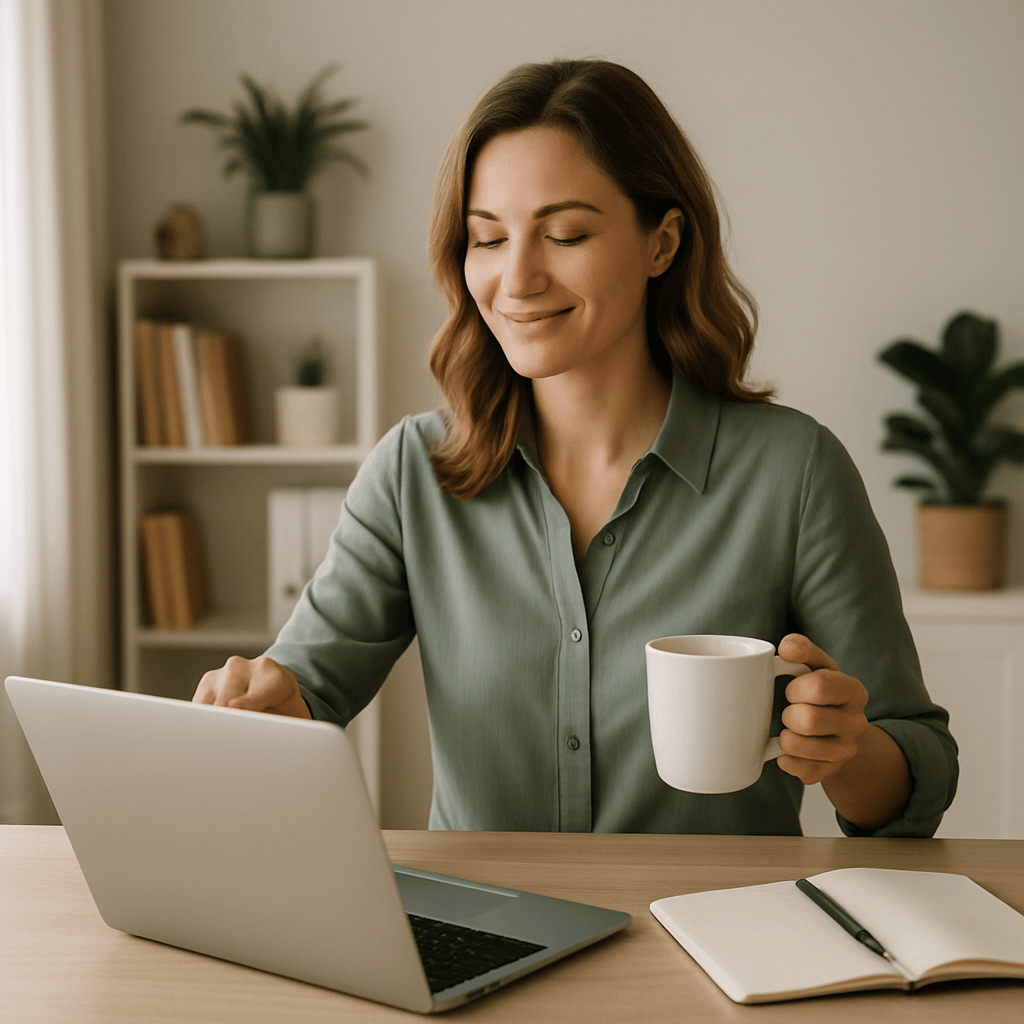 Smiling woman working on laptop while holding coffee – productivity and business tips.