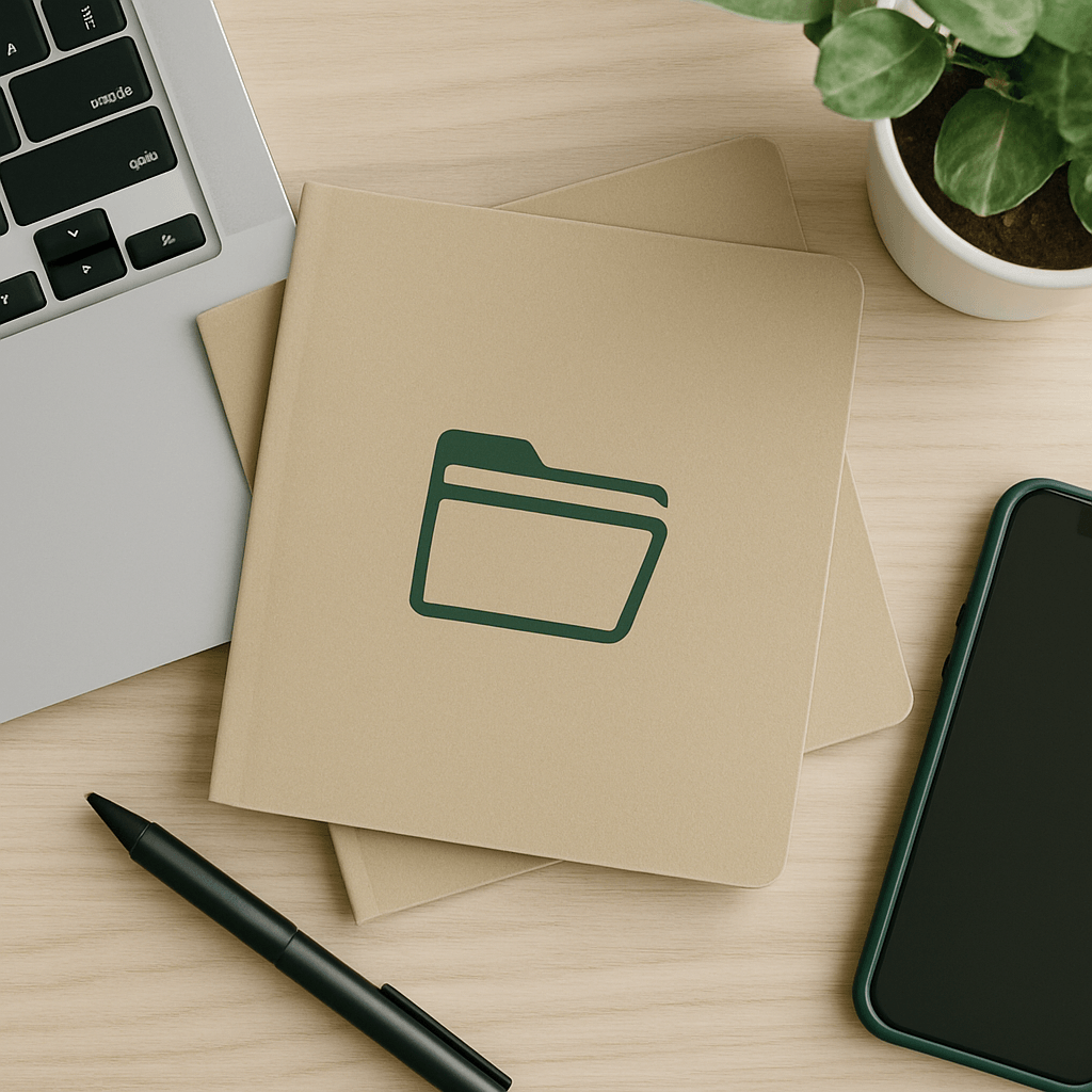Digital file organization icon with folders – virtual assistant document management service.