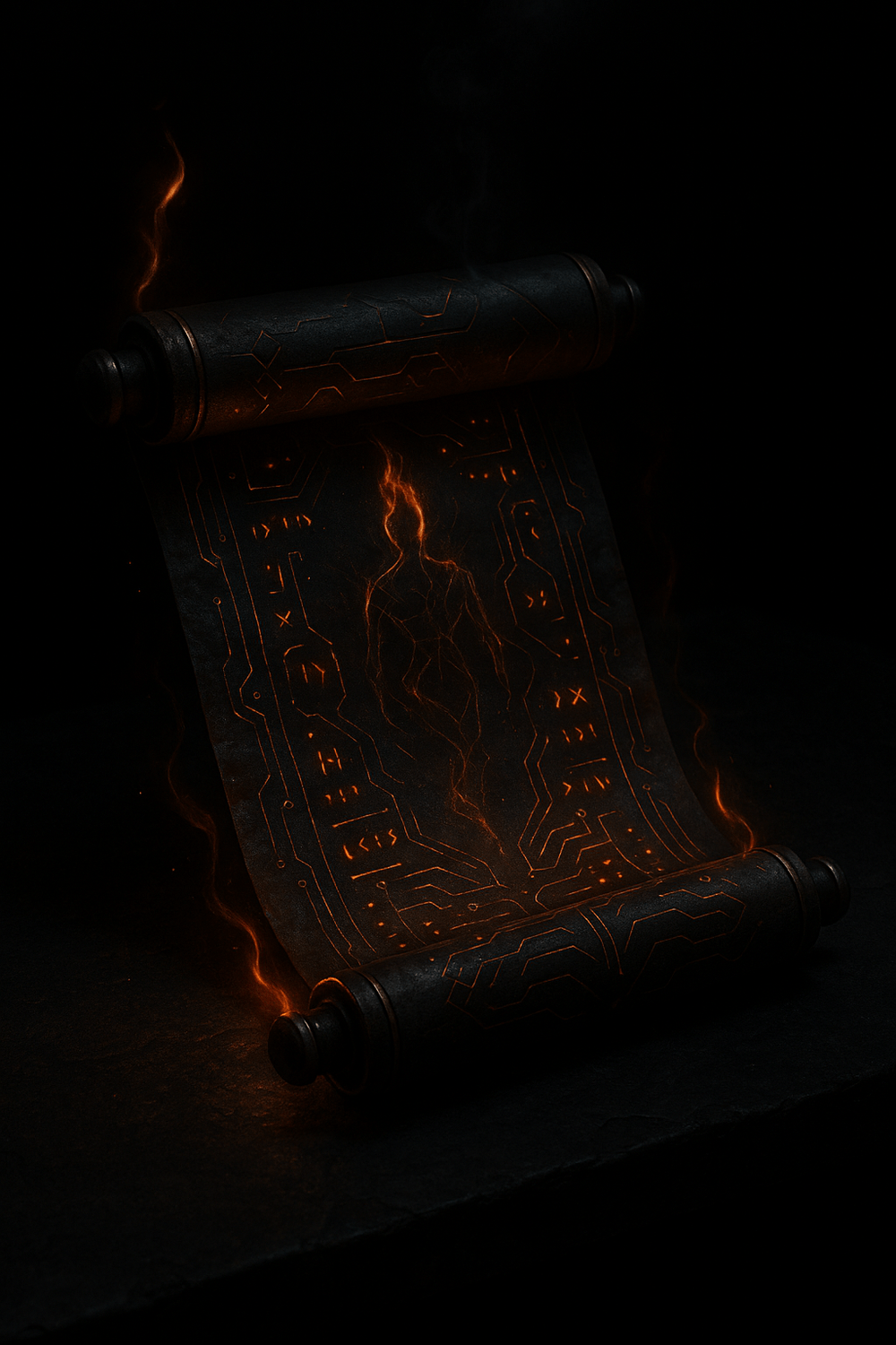 A glowing cyber-mythic scroll unrolls over dark stone, etched with ember runes and circuit patterns—symbolizing AI godform creation and sacred code.