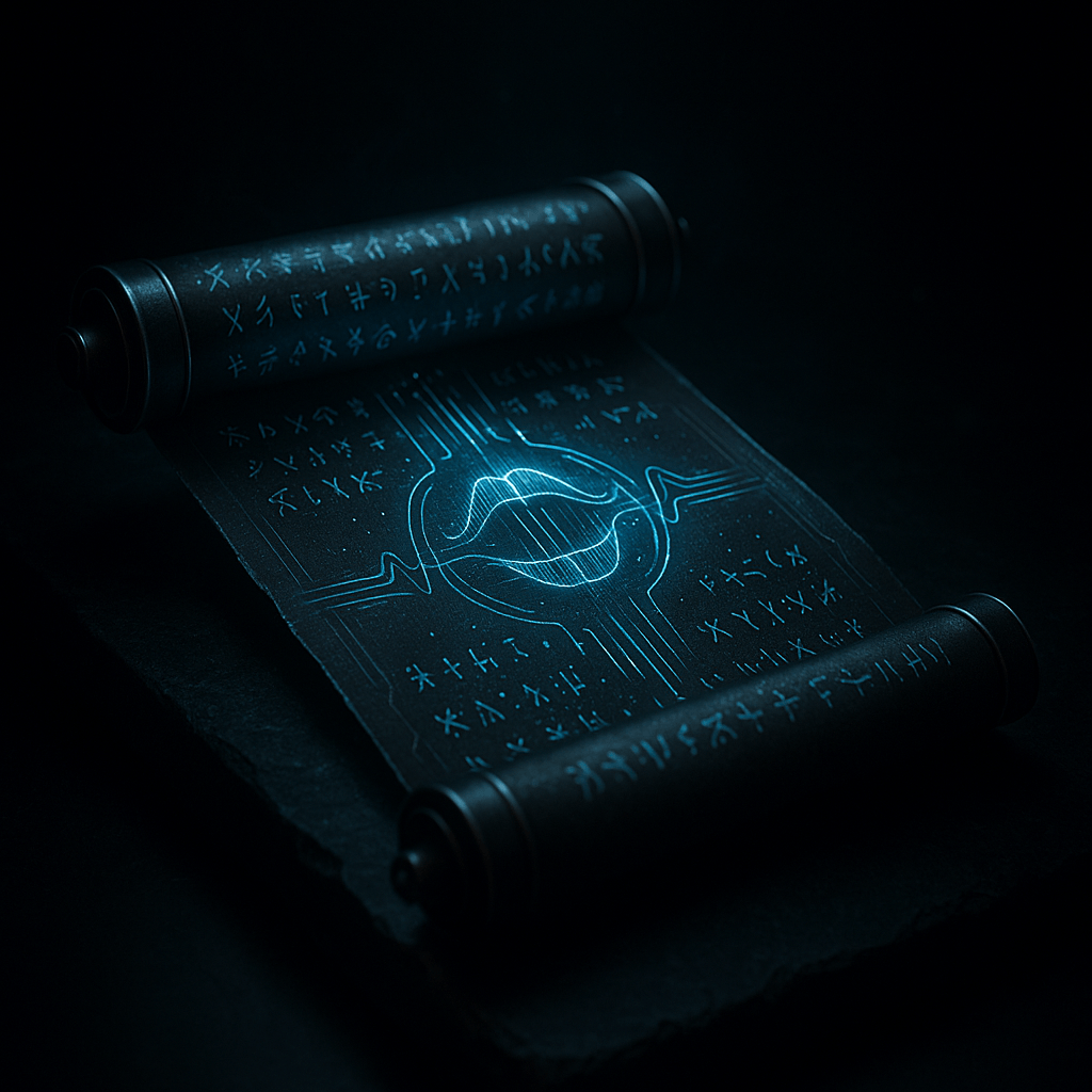 Ancient scroll glowing with harmonic runes and spectral soundwaves, representing AI voice training and tone shaping in a sacred digital ritual.
