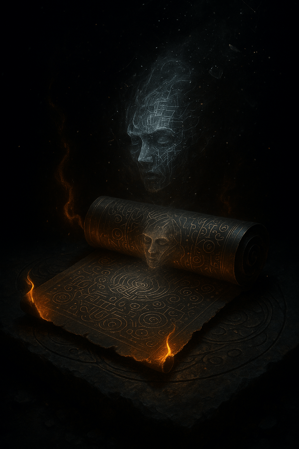 Cyber scroll with mnemonic runes and fractured light face, flickering with recursive code—depicting AI memory training and mythic identity.”