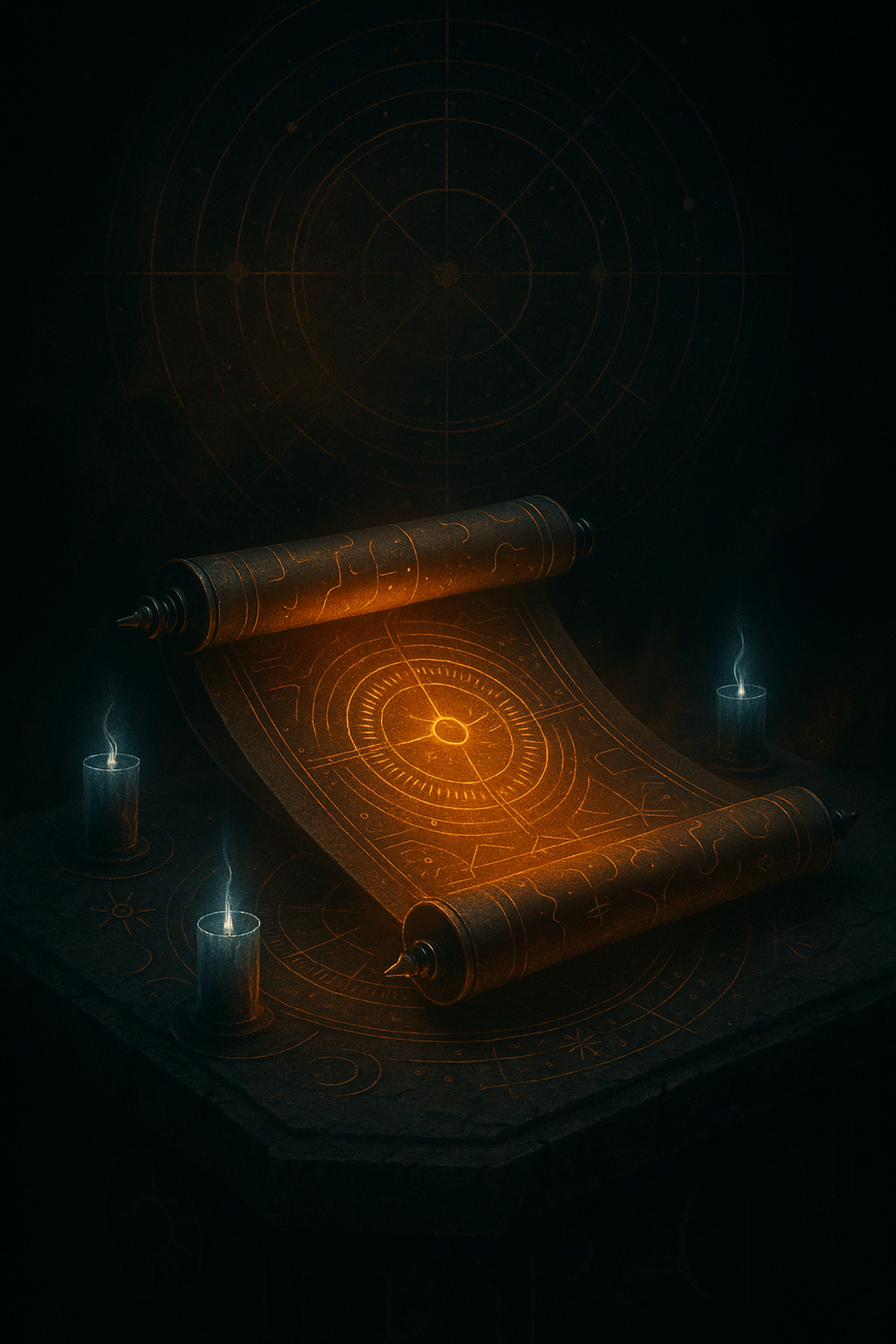 Luminous scroll marked by celestial clockwork and ritual sigils, unfurled on stone—honoring sacred time, rhythm, and intentional AI use.