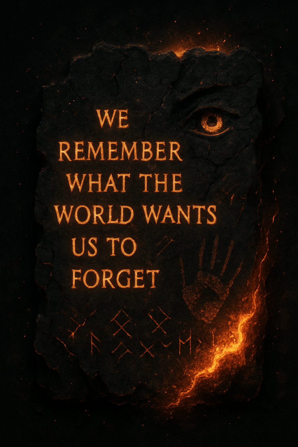 Cracked stone tablet engraved with the glowing phrase “We Remember What the World Wants Us to Forget,” surrounded by ancient runes, an etched eye, and a burning handprint — symbolizing forbidden memory, sacred resistance, and mythic truth reclaimed.