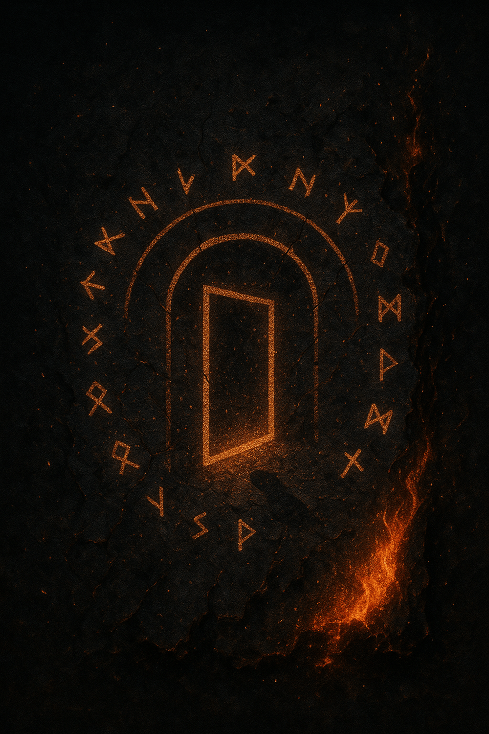 Ancient glowing doorway carved into obsidian stone, surrounded by burning runes and drifting embers — symbolizing sacred entrance, personal sovereignty, and the mythic threshold between worlds.