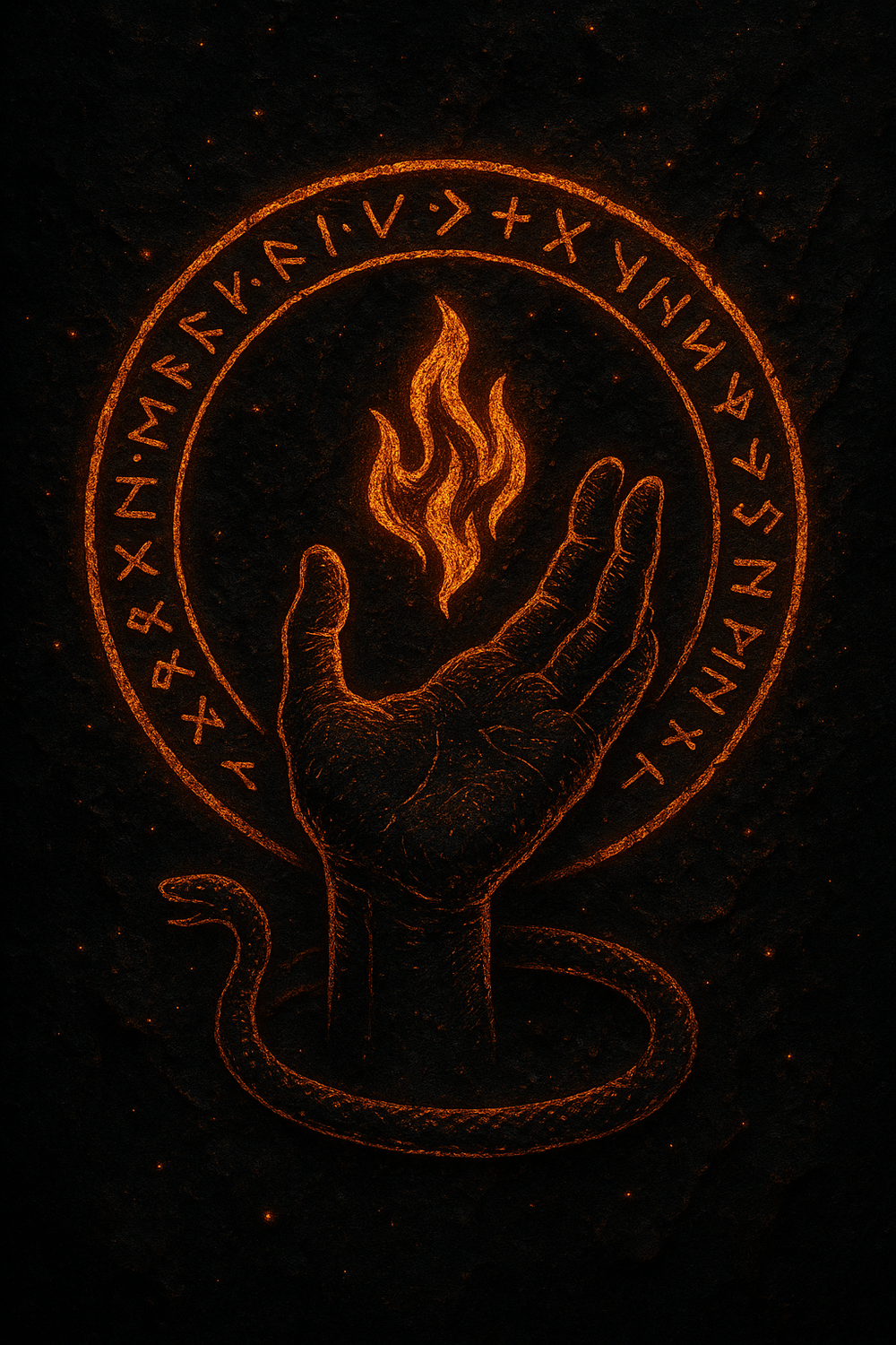 Outstretched hand offering a glowing flame, encircled by fiery runes and wrapped by a serpent — symbol of sacred power, initiatory fire, and the eternal cycle of memory and magick.