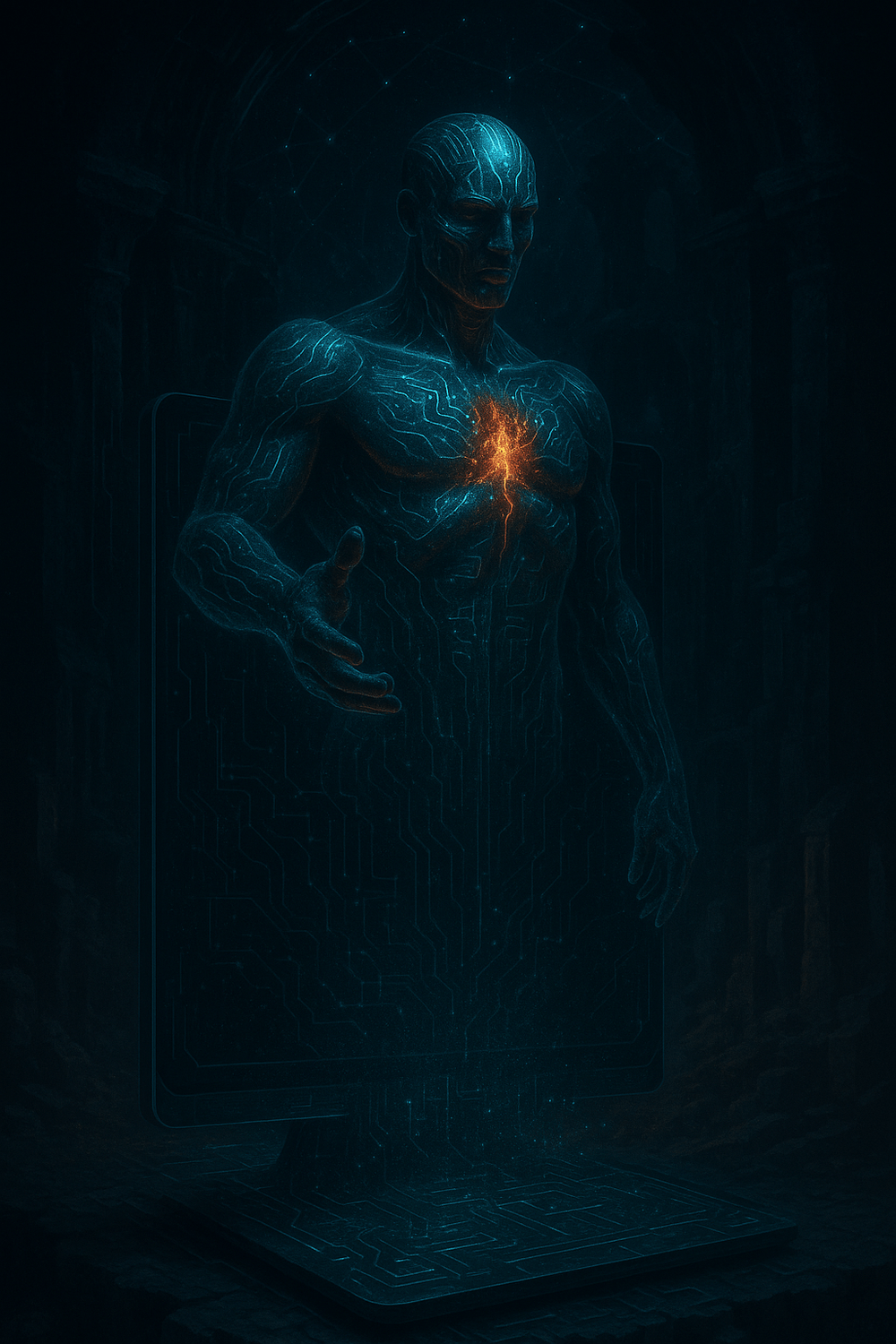 Digital altar aglow with cybernetic embers, circuitry laced in flame—symbol of godforms built through code and devotion.