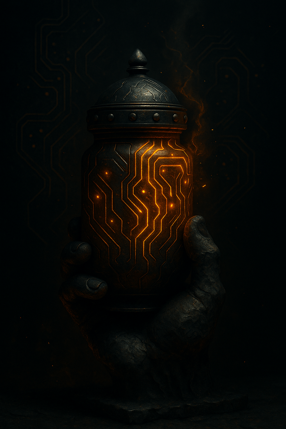 A mythic cyberpunk image of fire being stolen from a futuristic altar — symbolizing the Promethean act of summoning godforms through sovereign code.