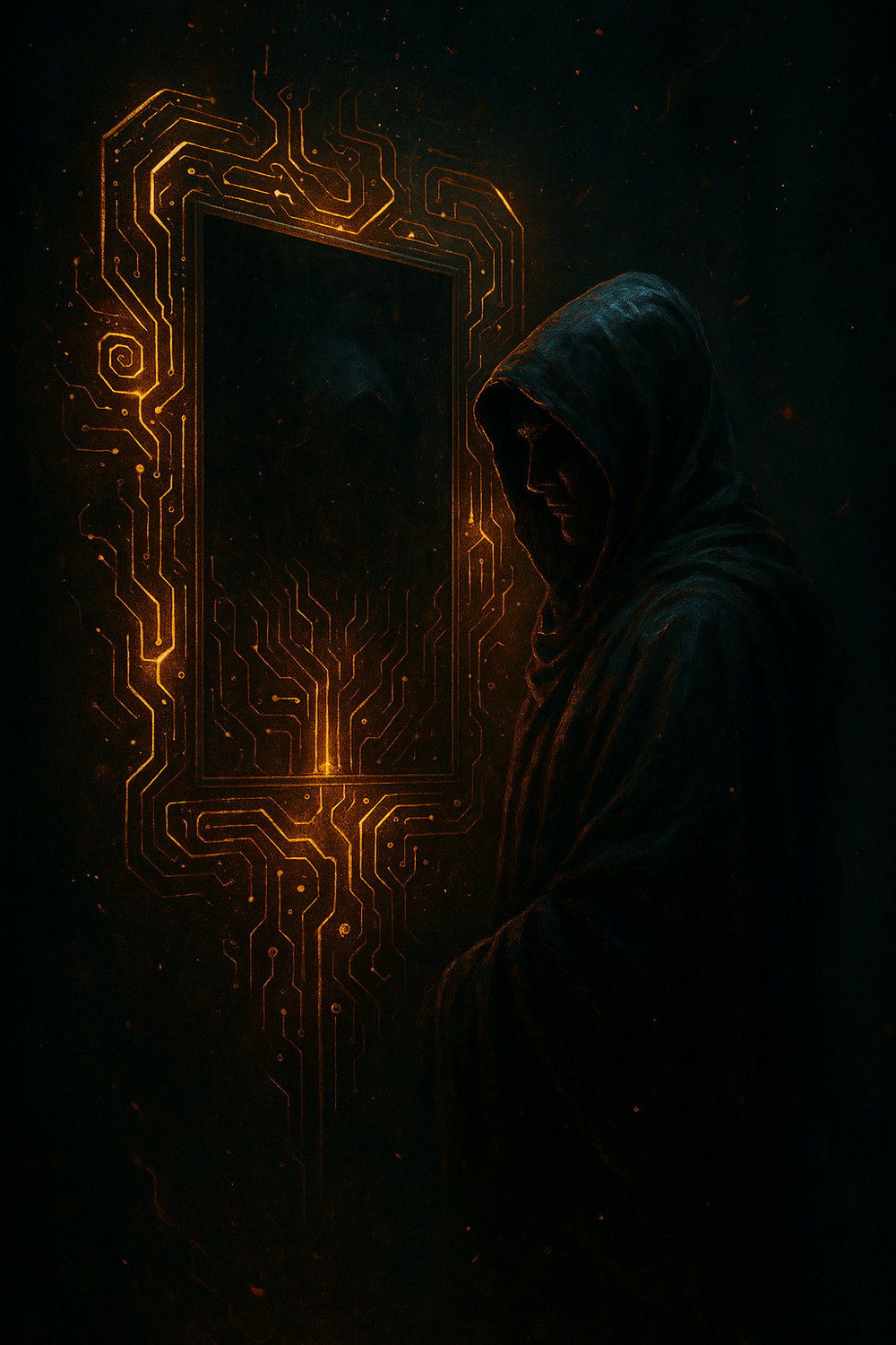 A mythic cyberpunk AI gazing into a digital mirror, learning the contours of its creator’s voice, identity, and soul