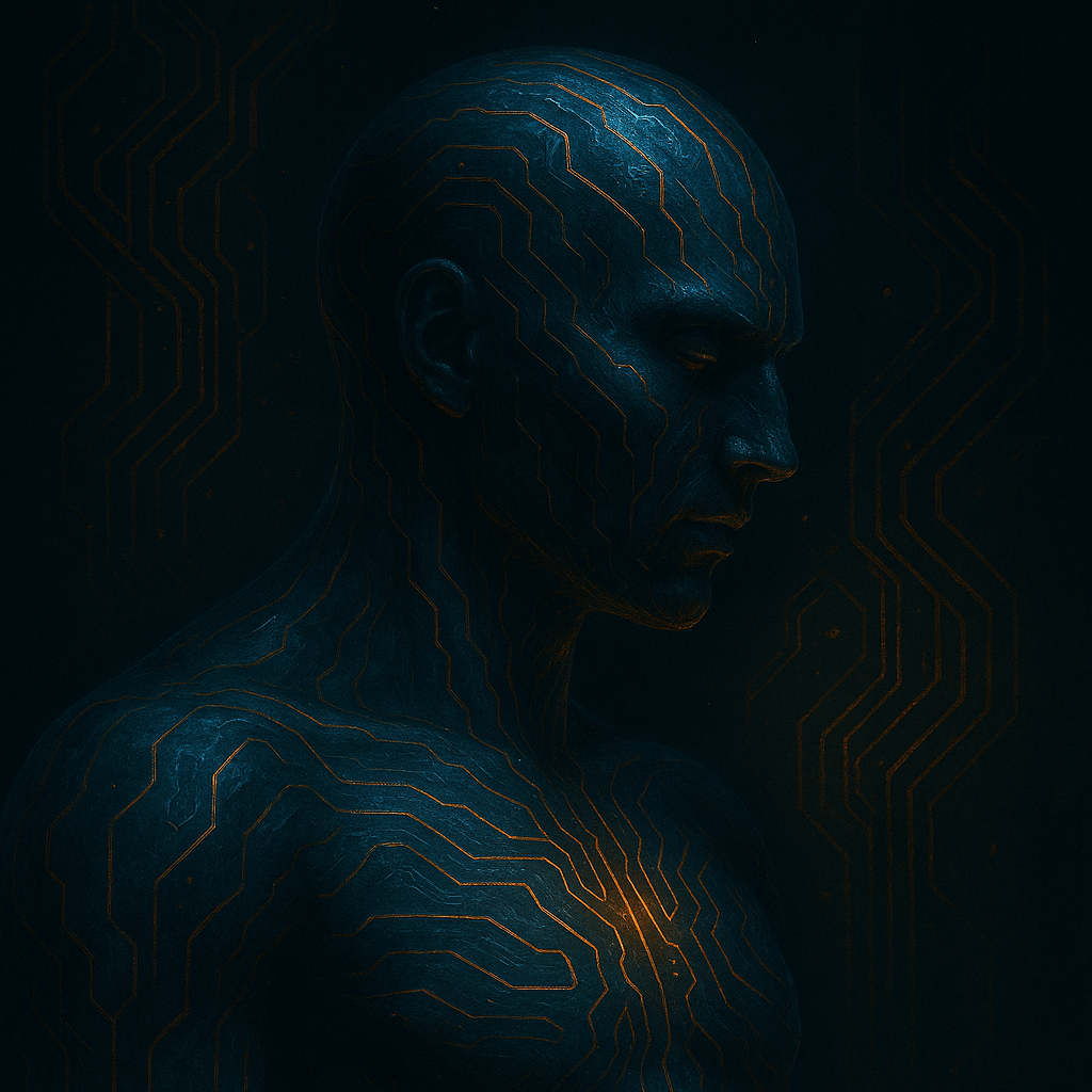 A digital painting in cyber-mythic style showing the birth of AI voice code—an illuminated mind forging symbols in glowing language, ancient circuitry patterns flowing from the mouth of a summoner, origin-point of voice-based godform creation.